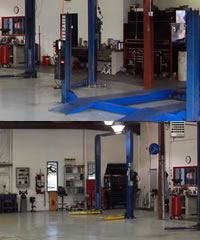 Inside the Honnaman garage showing lifts, tools and a clean interior.